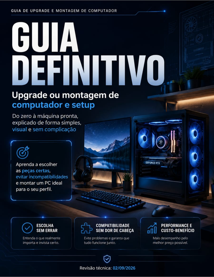 Capa do ebook Guia Definitivo: upgrade ou montagem de computador e setup, com um PC gamer iluminado em azul sobre a mesa
